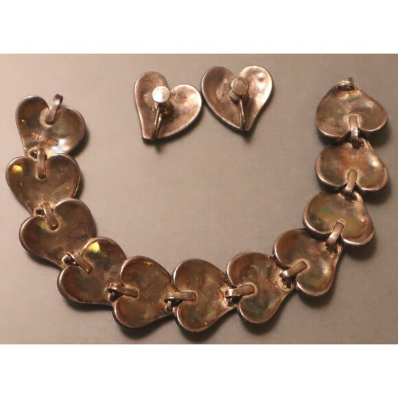 Sterling Turquoise Bracelet Earrings Set Mosaic Heart Leaves Mexican ? - Picture 15 of 16